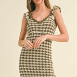 Checkered Crochet Knitted Ruffle Sleeve Dress in Brown & Stone