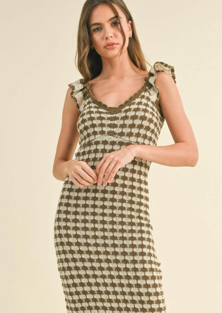 Checkered Crochet Knitted Ruffle Sleeve Dress in Brown & Stone