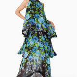 Briony Tiered Gown in Black and Blue Floral
