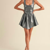 Bustier Top Gathered Flare Skirt Mini Dress in Gunmetal