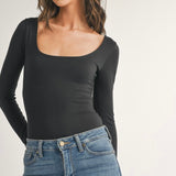 Self Double Scoop Neck Long Sleeve Bodysuit in Black