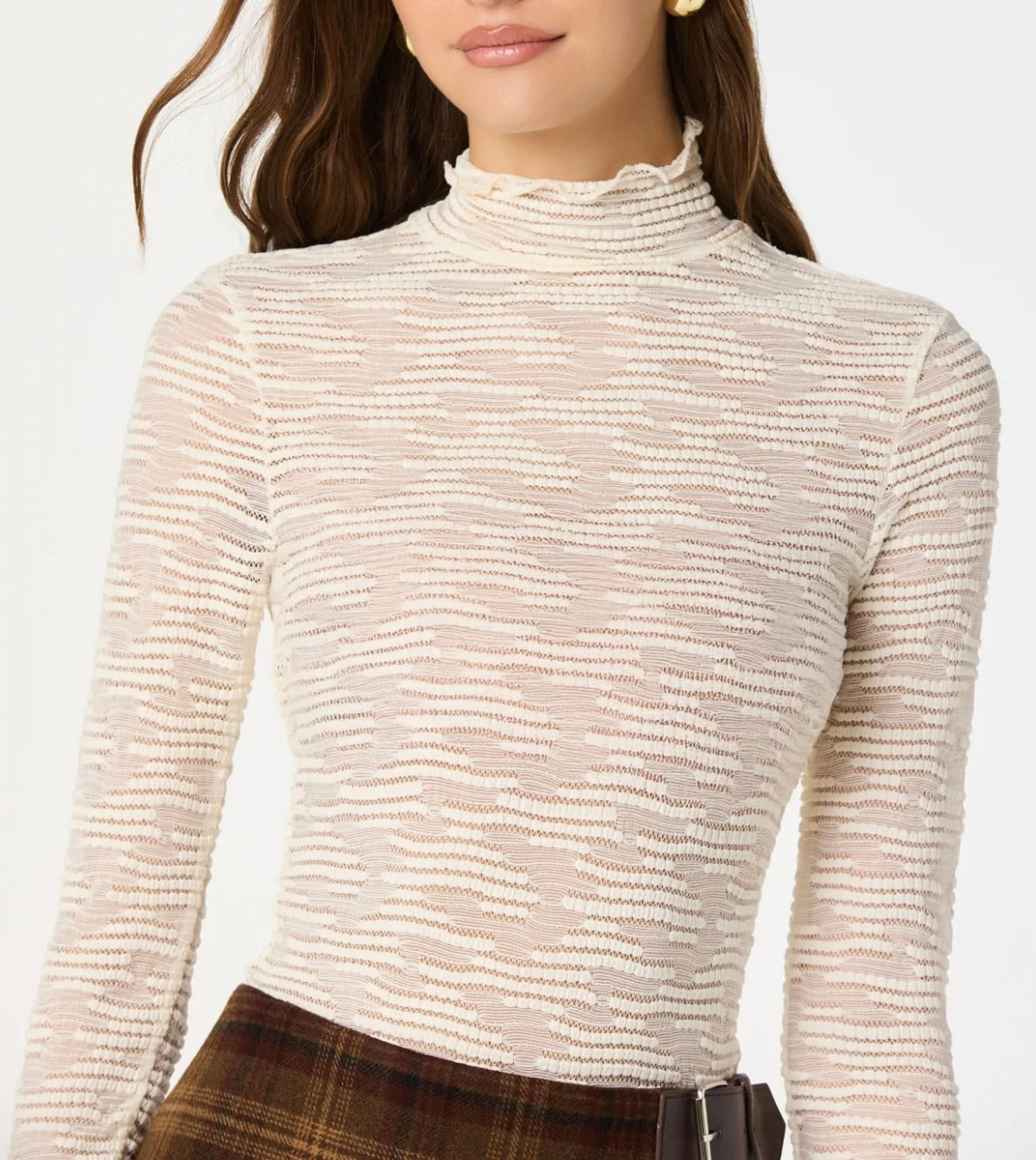 ASTR The Label Kyra Long Sleeve Sheer Mock Neck Top