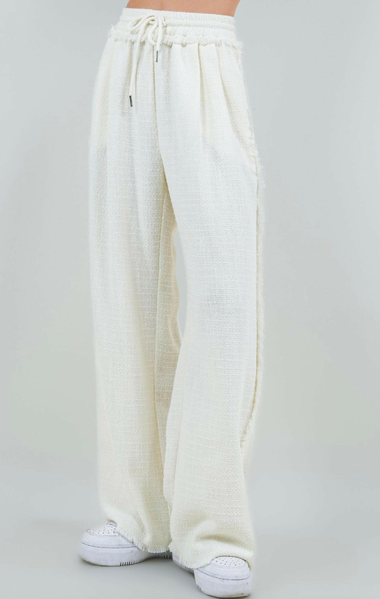 Wide Drawstring Fringe Pants in Ivory