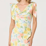 Allexina Satin Cowl Neck Midi Dress in Yellow Watercolor