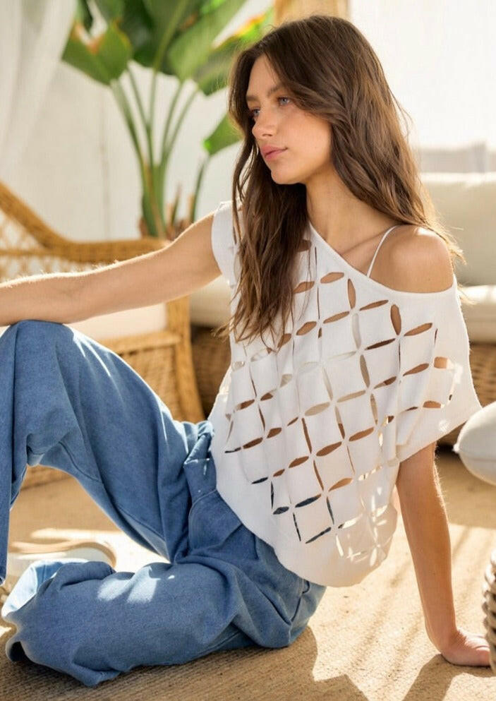 Cut Out Detail Sweater Top in Off-White