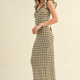 Checkered Crochet Knitted Ruffle Sleeve Dress in Brown & Stone