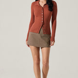 Keren Collared Ribbed Knit Cardigan in Rust