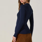 Keren Collared Ribbed Knit Cardigan in Navy