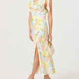 Allexina Satin Cowl Neck Midi Dress in Yellow Watercolor