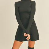 Mock Neck Long Sleeve Fit-and-Flare Mini Dress in Black
