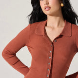 Keren Collared Ribbed Knit Cardigan in Rust