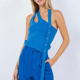 Asymmetrical Tank Top with Side Button Detail in Electric Blue