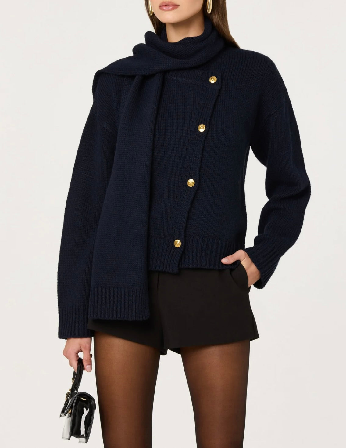 ASTR The Label Jackeline Asymmetrical Scarf Cardigan in Navy