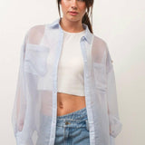 Sheer Striped Button-Up Shirt