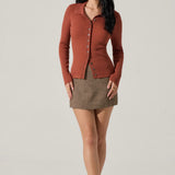 Keren Collared Ribbed Knit Cardigan in Rust