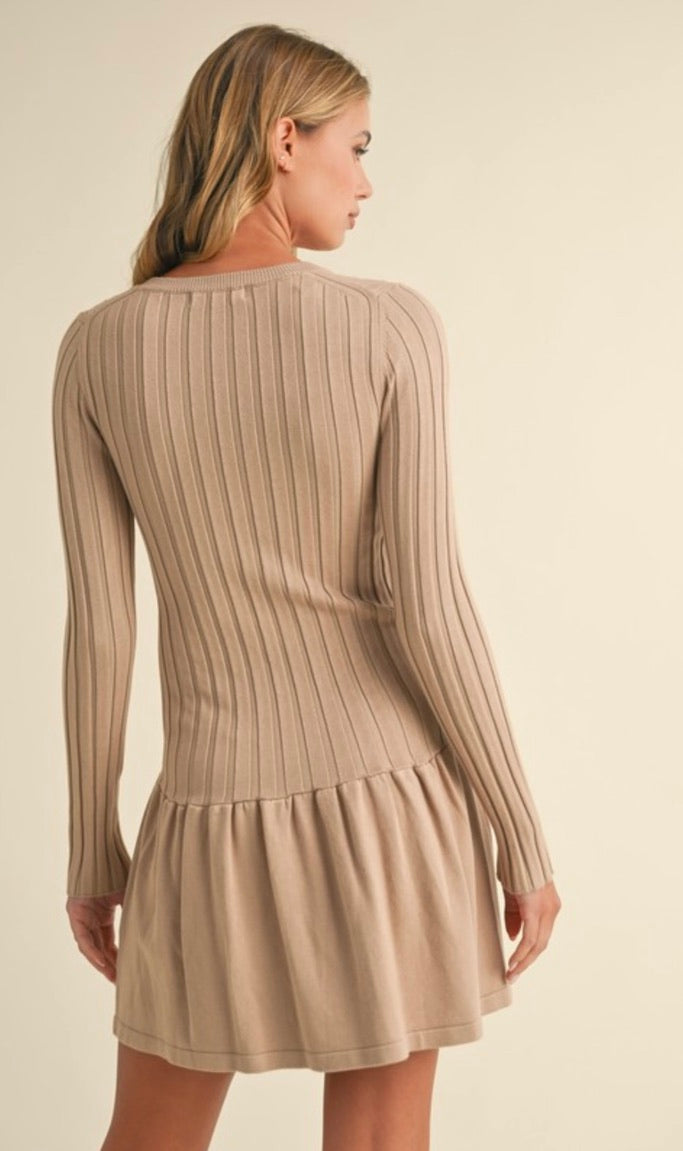 Ribbed Long Sleeve Crewneck Drop Waist Flare Dress in Taupe