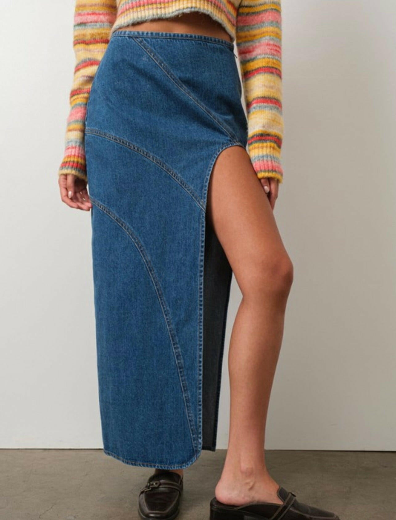 Denim Maxi Skirt with Front Slit