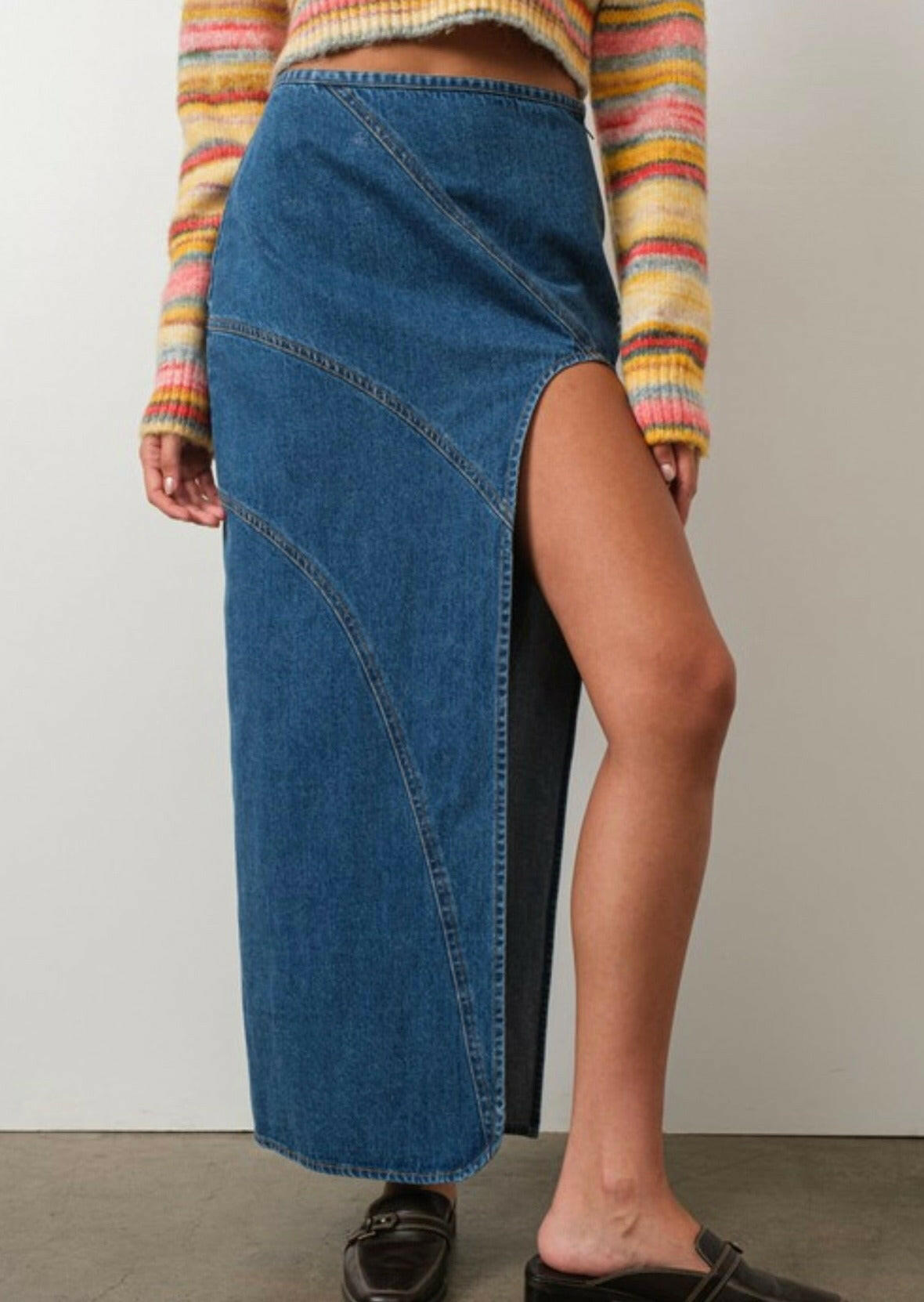 Denim Maxi Skirt with Front Slit