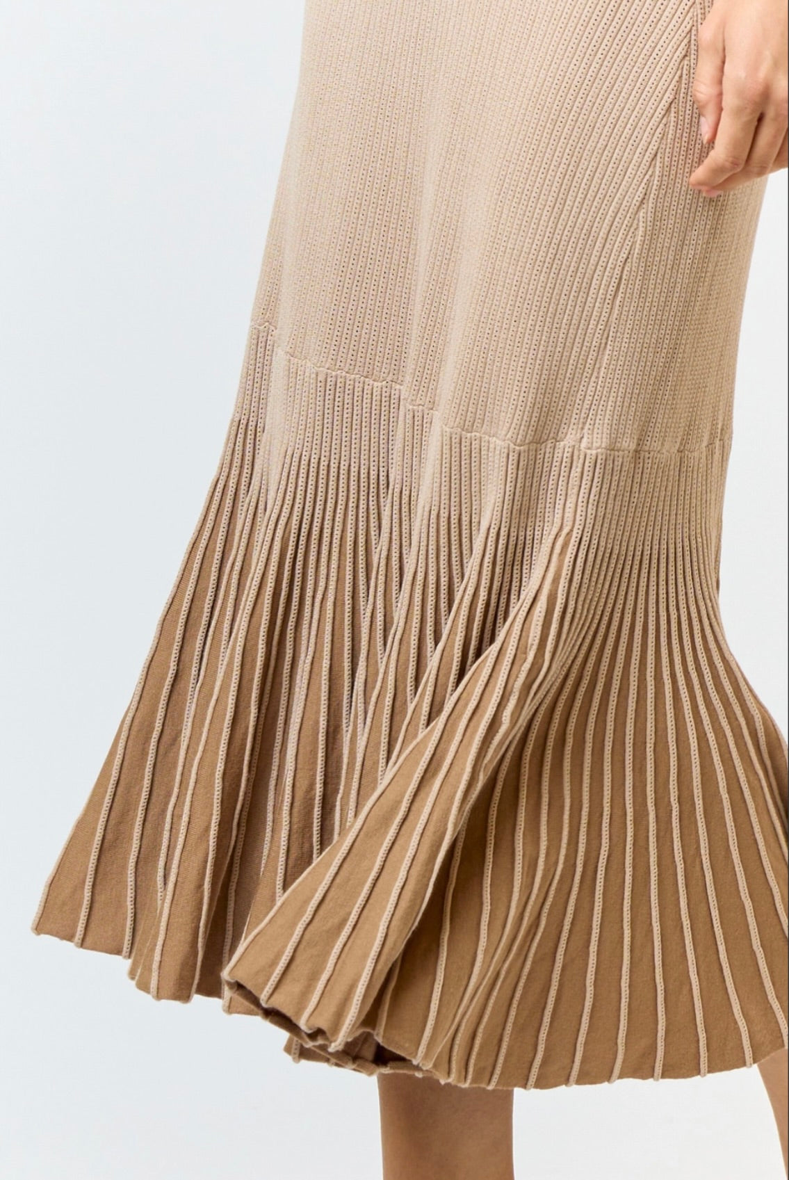 Ruffle Sleeve Pleated Mermaid Sweater Maxi Dress in Tan