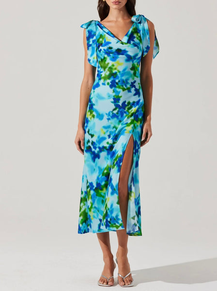 knee length dresses for ladies Teal Pleated Wrap Cowl Neck Satin Midi Dress – AX Paris