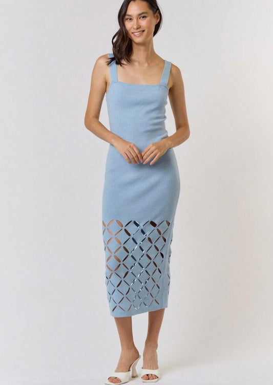 Cut Out Detail Square Neck Sweater Midi Dress in Sky Blue