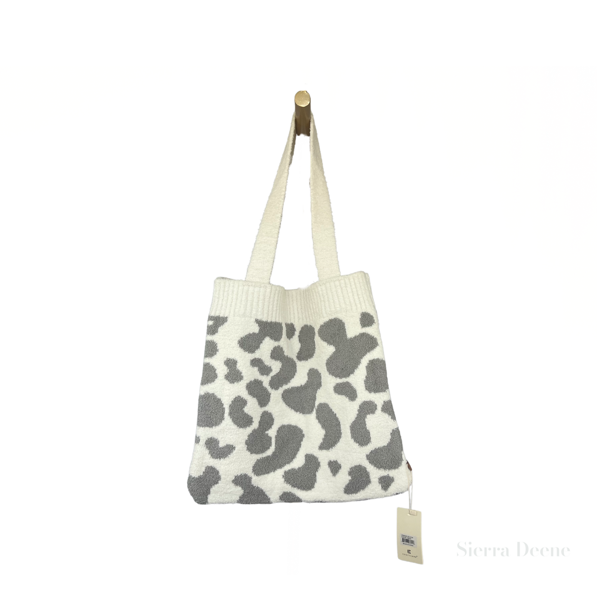 Luxurious Cow Print Knitted Microfiber Tote Bag in Gray & Cream.