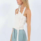 Asymmetrical Tank Top with Side Button Detail in Beige