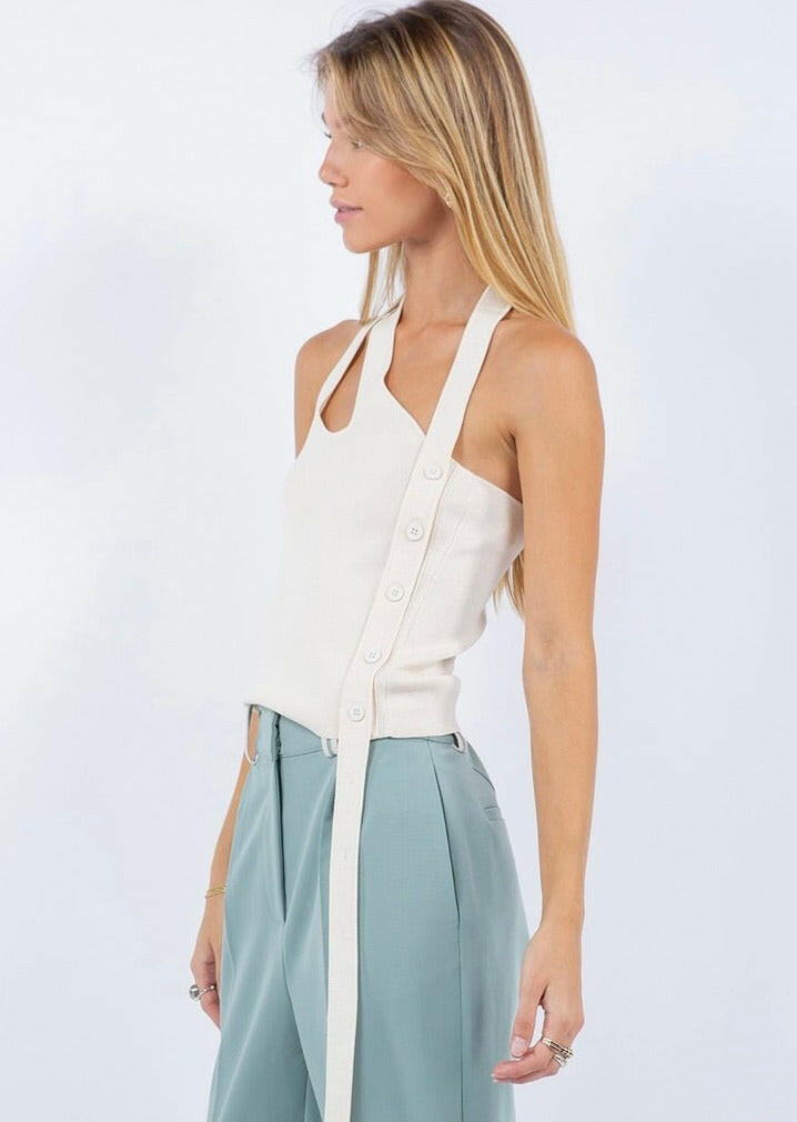 Asymmetrical Tank Top with Side Button Detail in Beige