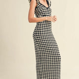 Checkered Crochet Knitted Ruffle Sleeve Dress in Black & Stone