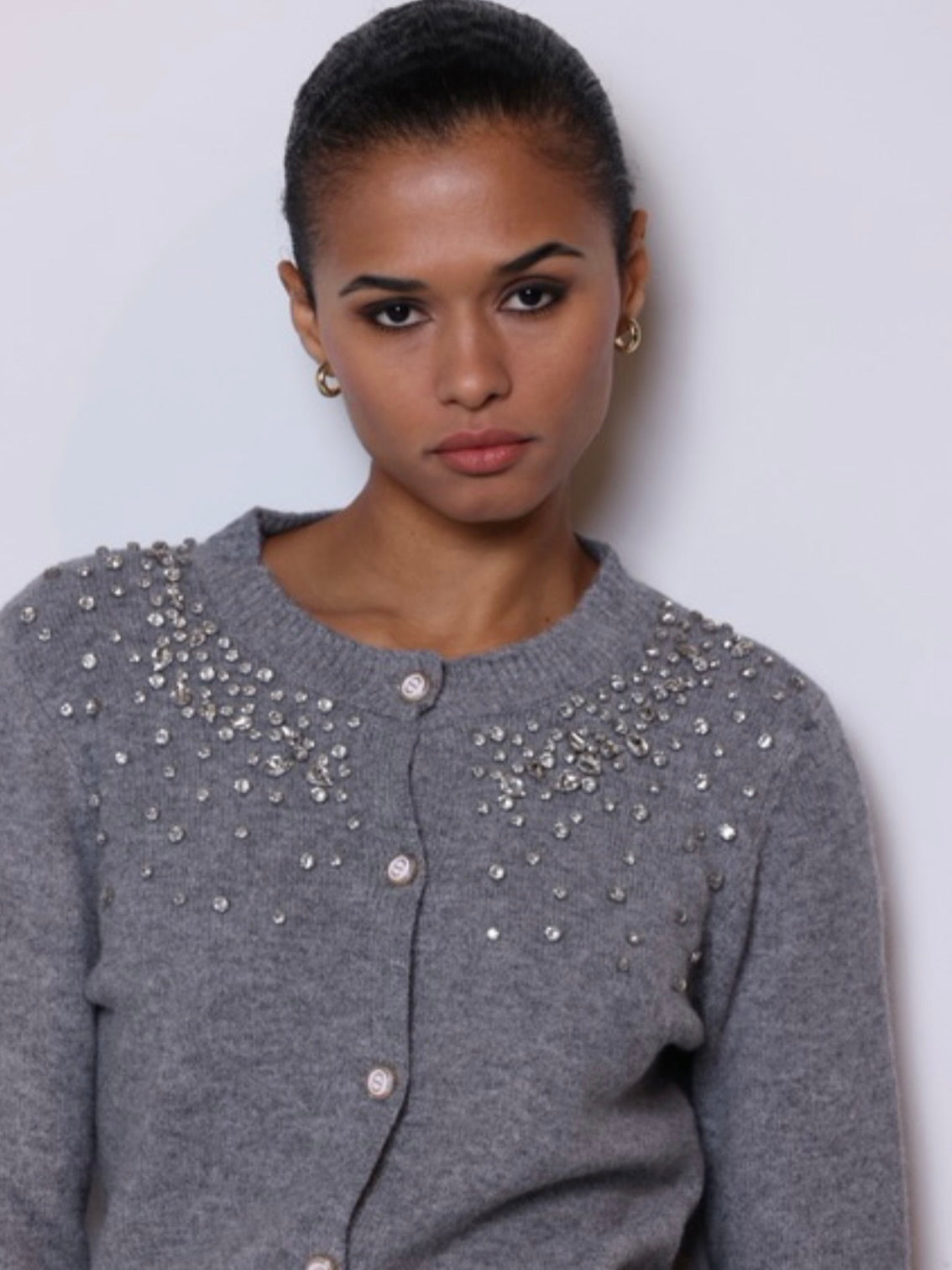 Dream Catcher Remy Rhinestone Embroidered Cardigan in Grey