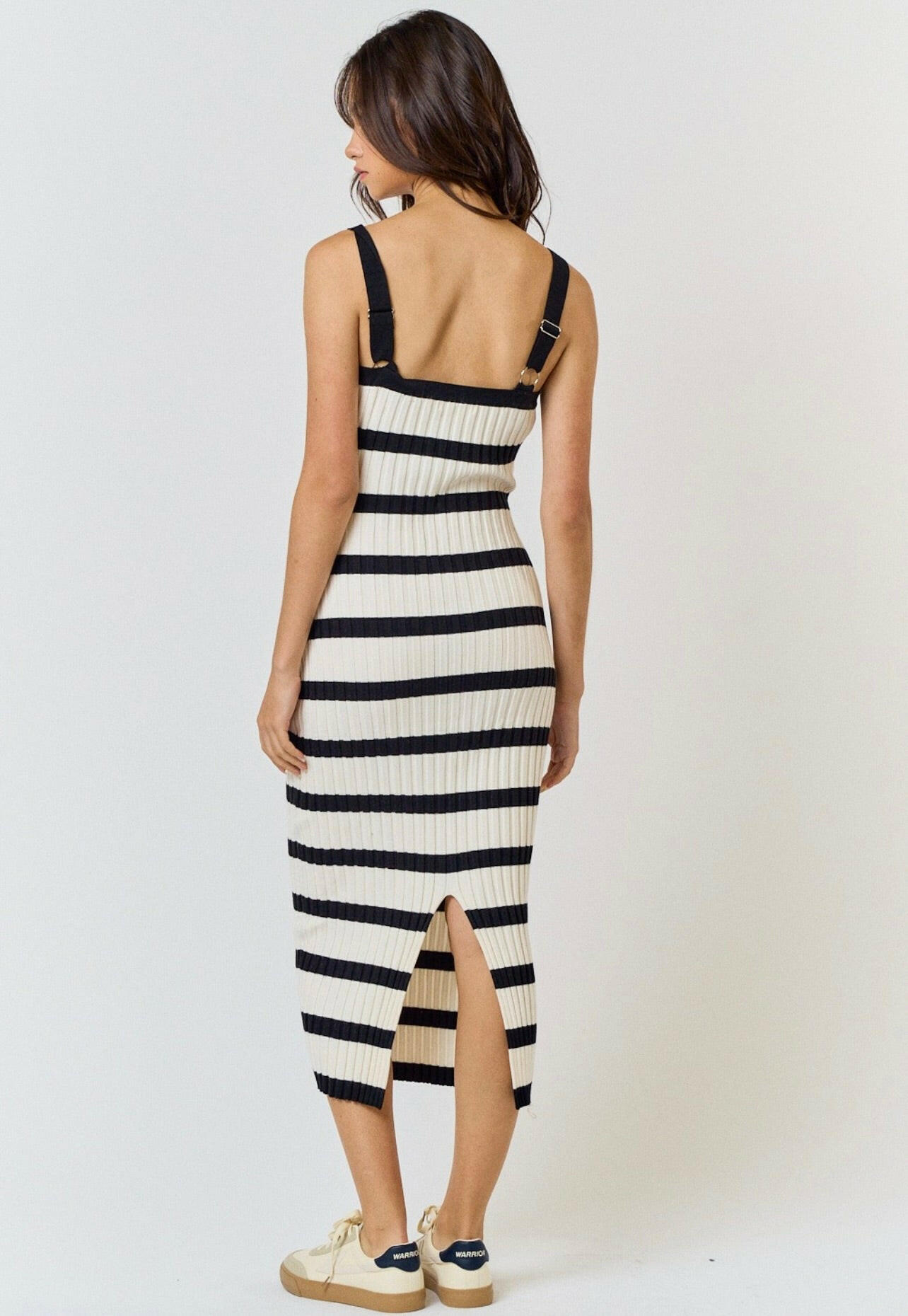 Rosette Striped Sleeveless Sweater Midi Dress in Cream-Black