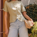Saige Cutaway Linen Blend Jacket in Matcha