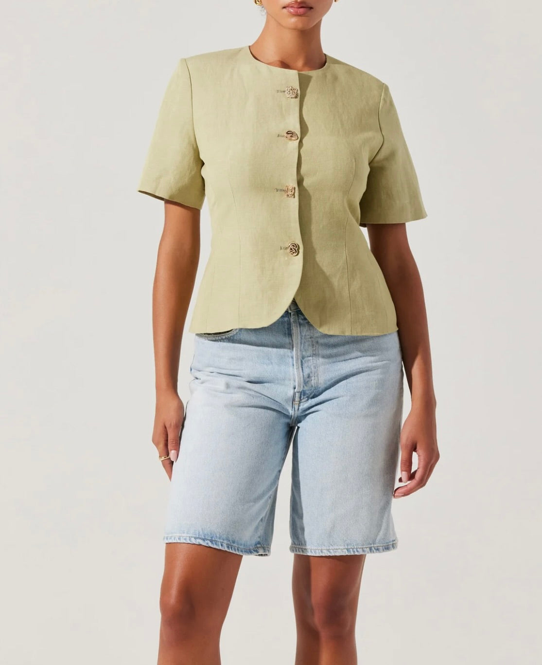 Saige Cutaway Linen Blend Jacket in Matcha