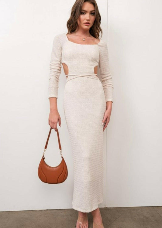 Open Back Textured Knit Maxi Dress in Ivory