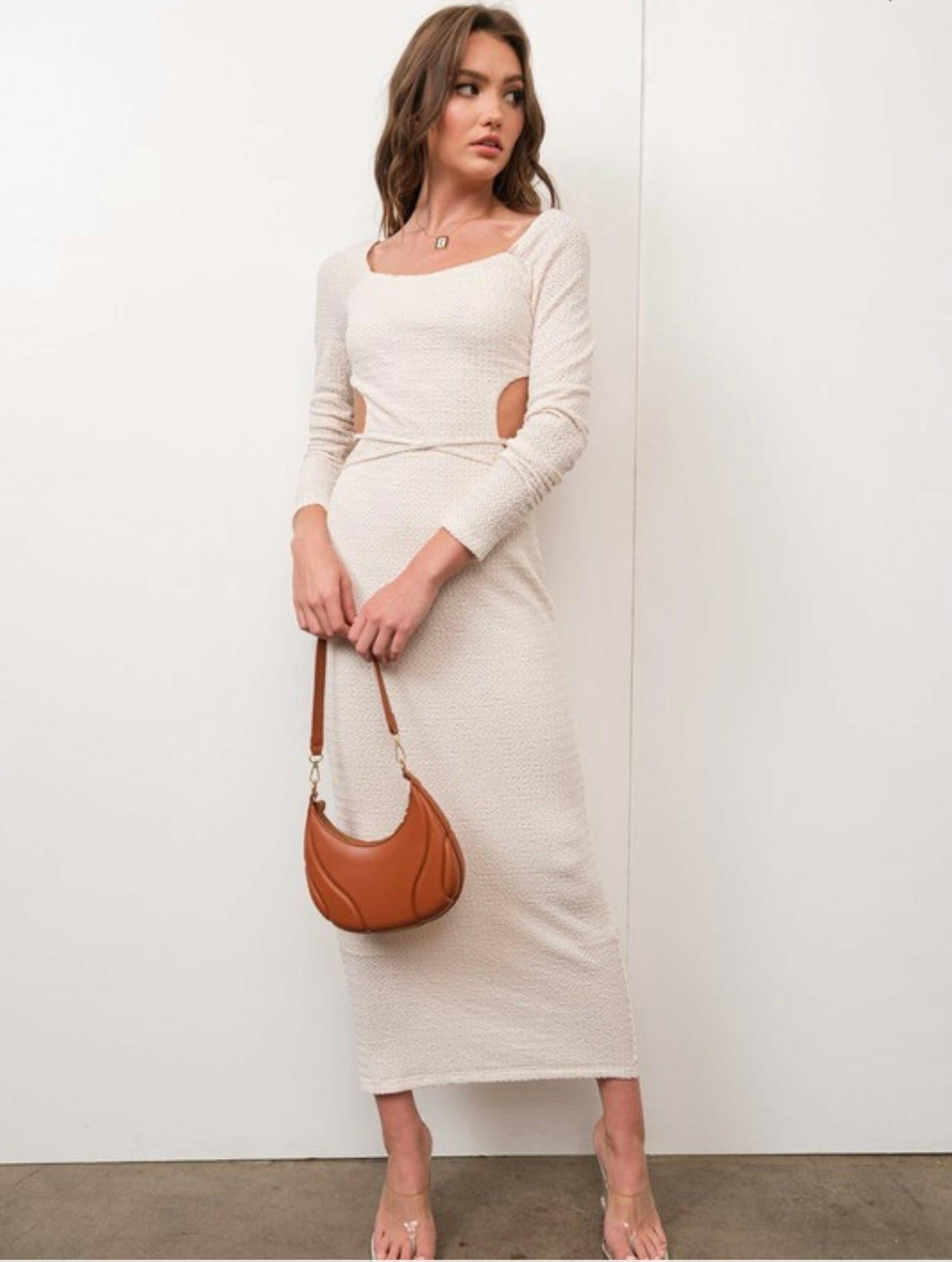 Open Back Textured Knit Maxi Dress in Ivory