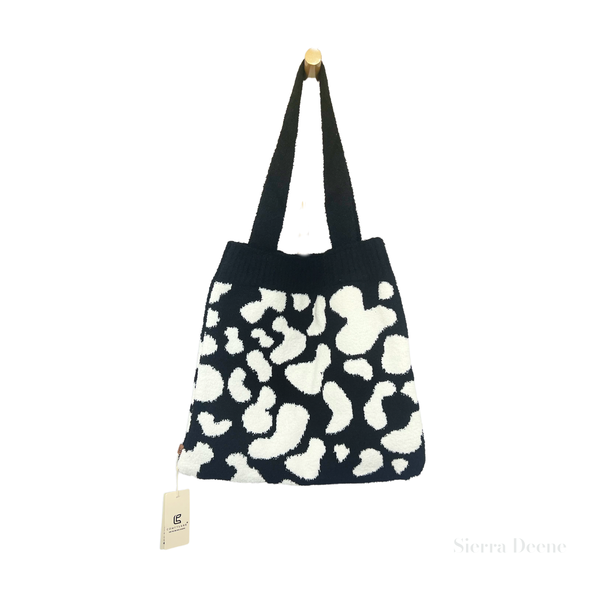 Luxurious Cow Print Knitted Microfiber Tote Bag in Black and Cream.