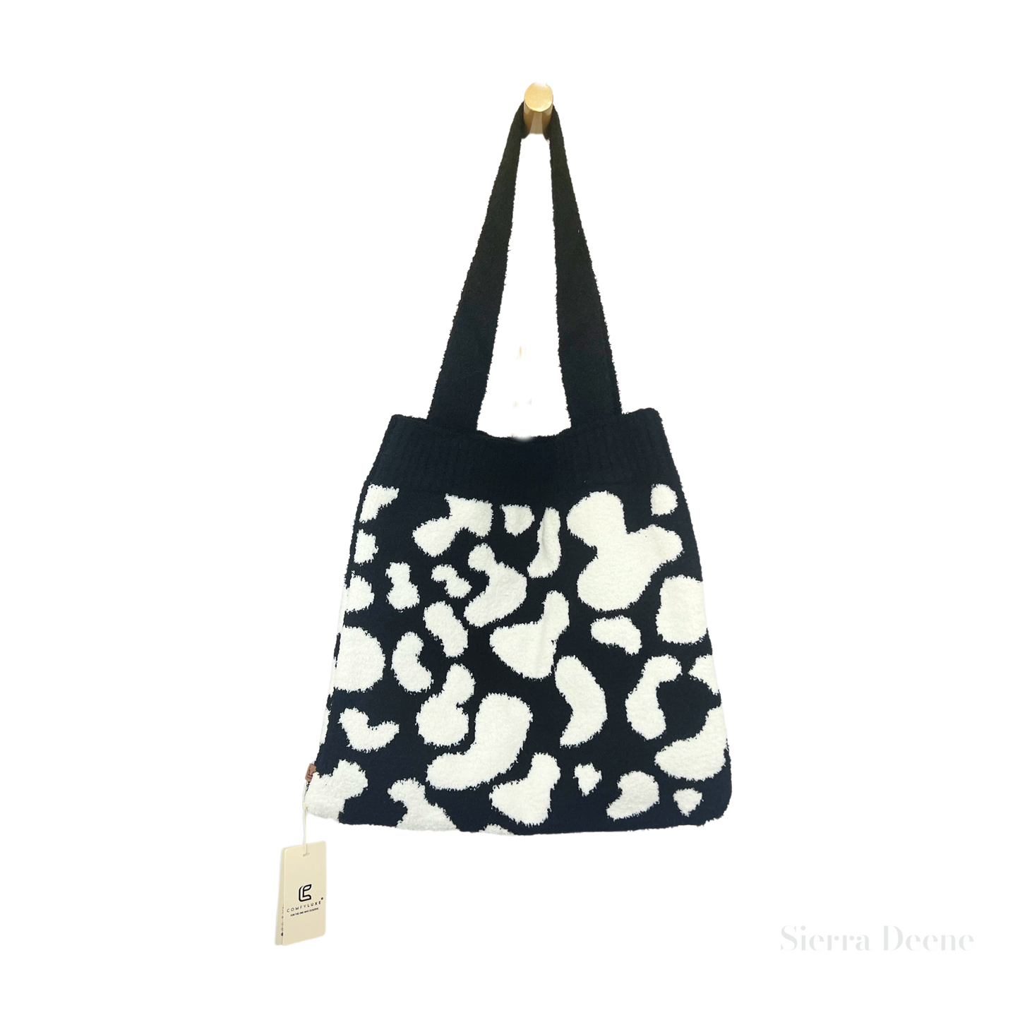 Luxurious Cow Print Knitted Microfiber Tote Bag in Black and Cream.