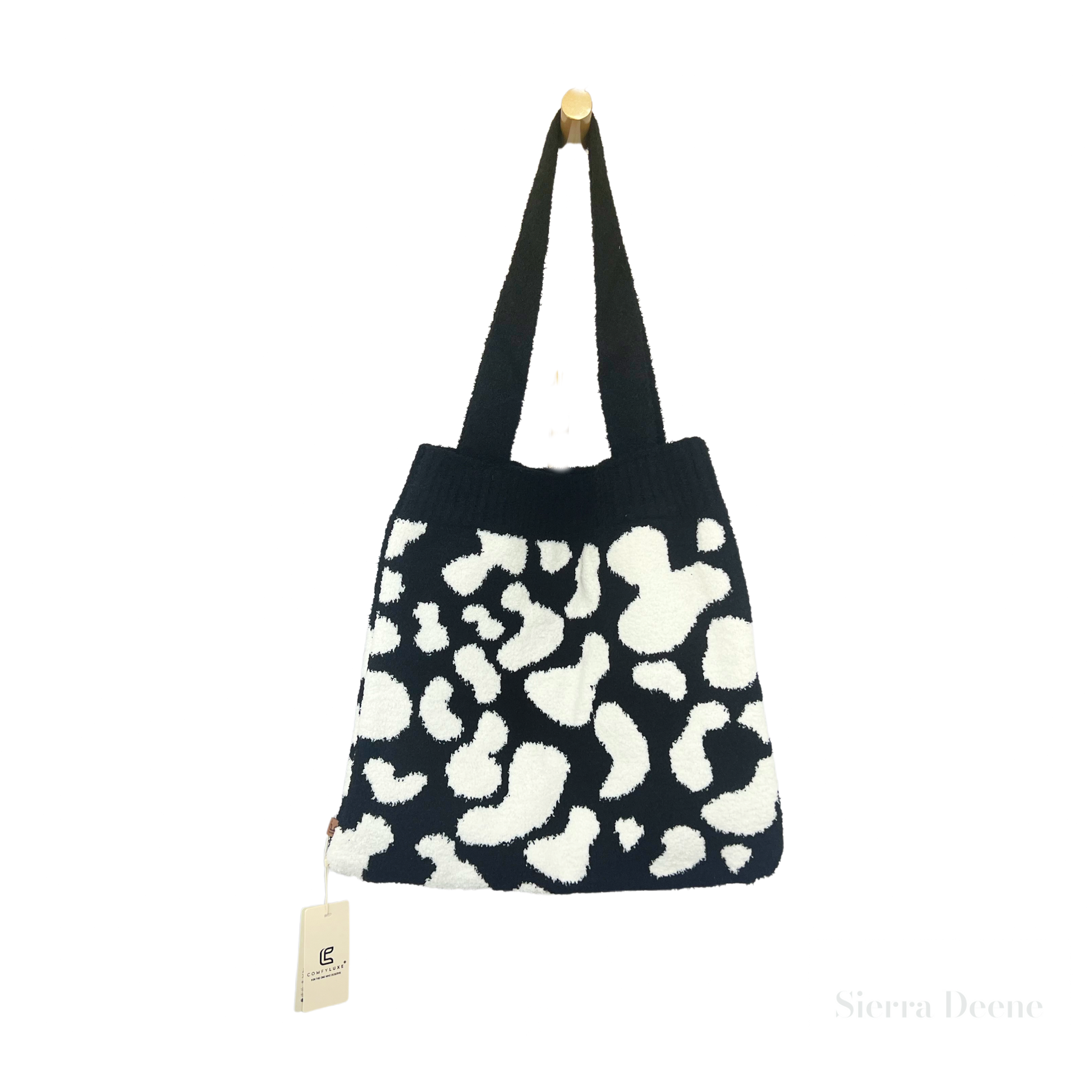 Luxurious Cow Print Knitted Microfiber Tote Bag in Black and Cream.