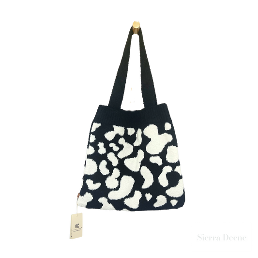 Luxurious Cow Print Knitted Microfiber Tote Bag in Black and Cream.