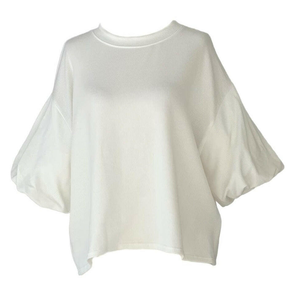 Basic Essentials Ribbed Puffy Sleeve 3/4 Sleeve Top in Ivory.