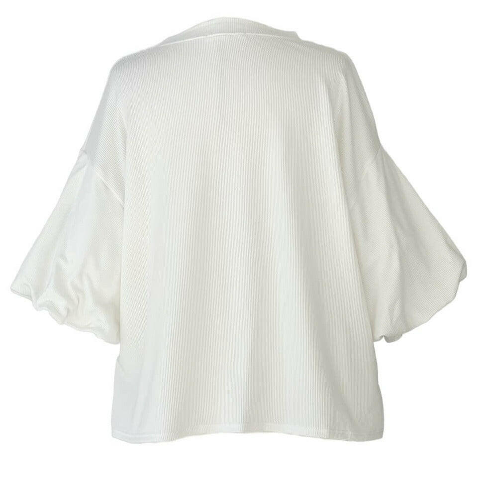 Basic Essentials Ribbed Puffy Sleeve 3/4 Sleeve Top in Ivory.