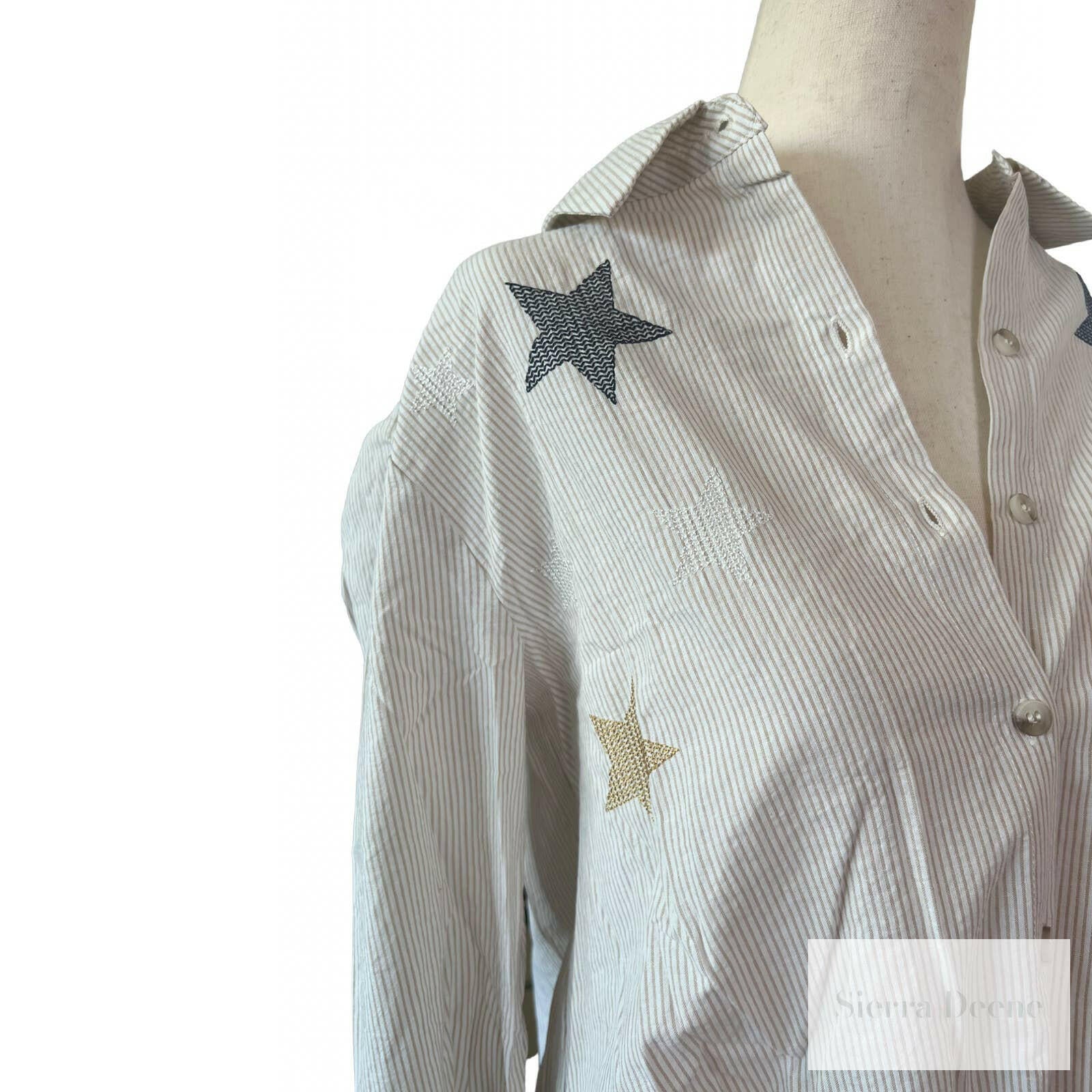 Star Embroidered Tie Front Striped Shirt.