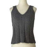 Solid Color Luxury Ribbed V-Neck Top in Gray.