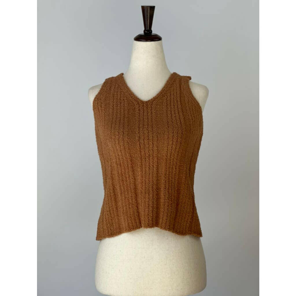 Solid Color Luxury Ribbed V-Neck Top in Caramel.