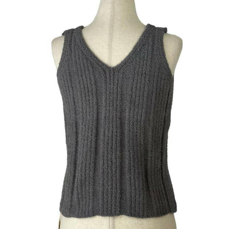 Solid Color Luxury Ribbed V-Neck Top in Gray.