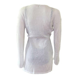 Long Sleeve V-Neck Pulled Waist Sweater Beach Cover Up in White.